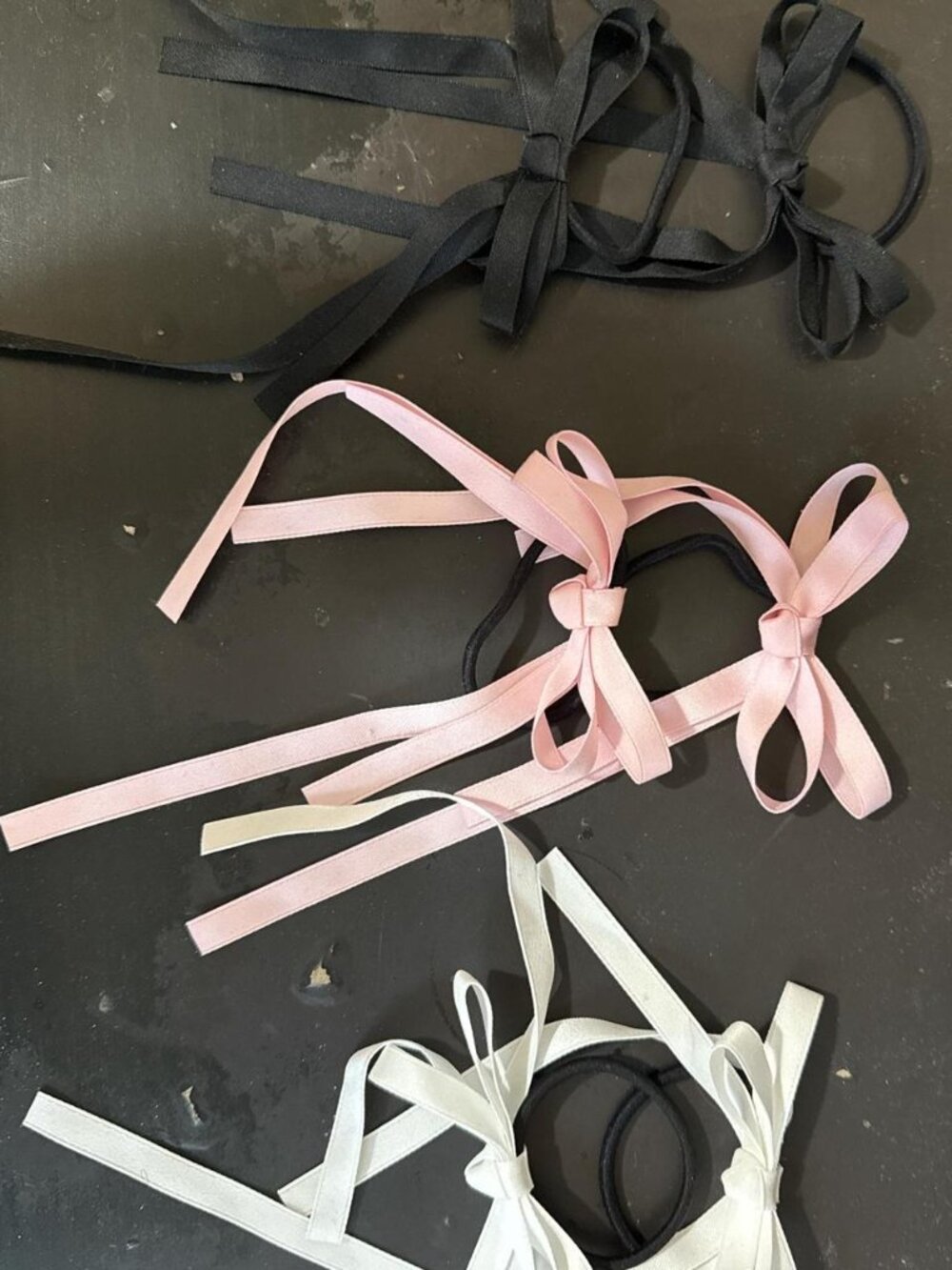 Set of 3 Handmade Satin Ribbon Bow Hair Ties - Pink, White, & Black